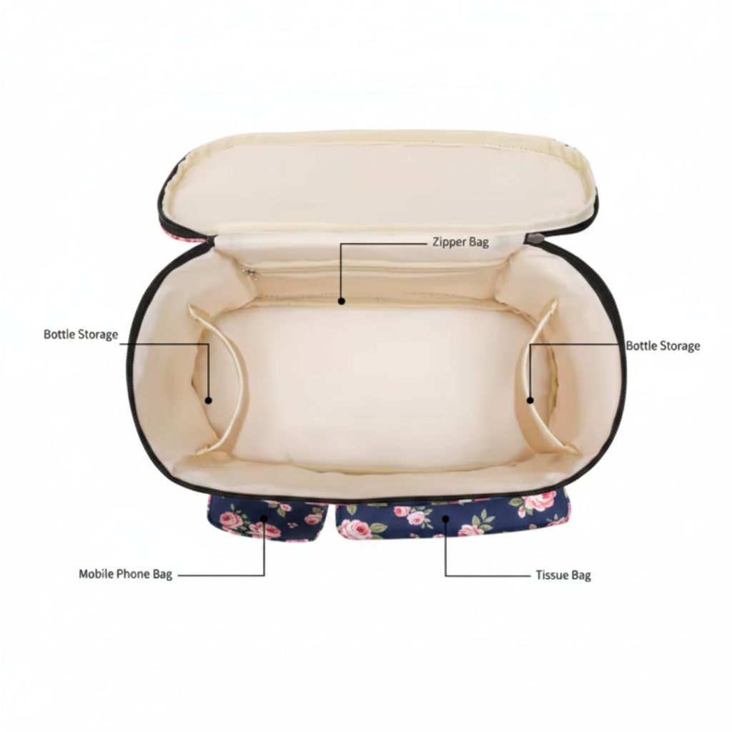 Stroller Organiser Interior - Floral - Labelled